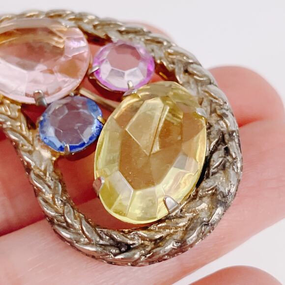 VTG 40s 50s Mid Century Lucite Paisley Brooch Gold Tone Multicolor Pin Sparkly - Picture 3 of 10